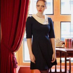 NWT Miss Patina London Navy Blue and Cream Vintage Style Dress | Size Med/Lrg